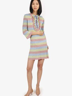 BOUTIQUE MOSCHINO Knit Pastel Striped Ruffled Shimmering Designer Mini Dress 6